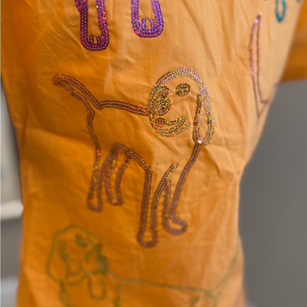 QUEEN OF SPARKLES Orange Sequin Dog Print Shirt and Shorts Set - Picture 8 of 13